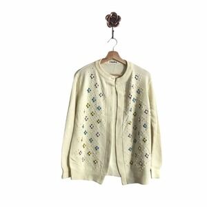 Vintage 60s‎ Large Ivory Floral Embroidered Popcorn Cardigan Sweater No Buttons